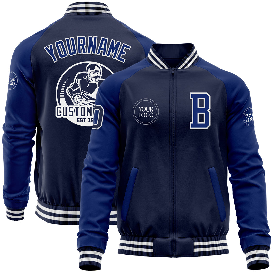 Custom Navy Royal-White Bomber Varsity Letterman Two Tone Zipper Jacket