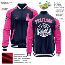 Load image into Gallery viewer, Custom Navy Pink-White Bomber Varsity Letterman Two Tone Zipper Jacket
