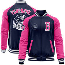 Load image into Gallery viewer, Custom Navy Pink-White Bomber Varsity Letterman Two Tone Zipper Jacket
