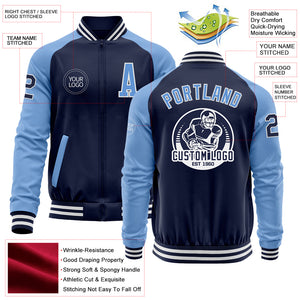 Custom Navy Light Blue-White Bomber Varsity Letterman Two Tone Zipper Jacket