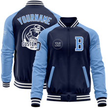 Load image into Gallery viewer, Custom Navy Light Blue-White Bomber Varsity Letterman Two Tone Zipper Jacket
