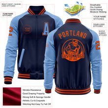 Load image into Gallery viewer, Custom Navy Orange-Light Blue Bomber Varsity Letterman Two Tone Zipper Jacket
