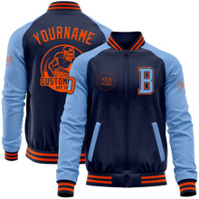 Load image into Gallery viewer, Custom Navy Orange-Light Blue Bomber Varsity Letterman Two Tone Zipper Jacket
