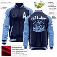 Load image into Gallery viewer, Custom Navy White-Light Blue Bomber Varsity Letterman Two Tone Zipper Jacket
