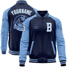 Load image into Gallery viewer, Custom Navy White-Light Blue Bomber Varsity Letterman Two Tone Zipper Jacket
