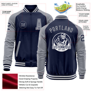 Custom Navy Gray-White Bomber Varsity Letterman Two Tone Zipper Jacket