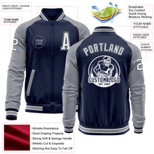 Load image into Gallery viewer, Custom Navy White-Gray Bomber Varsity Letterman Two Tone Zipper Jacket
