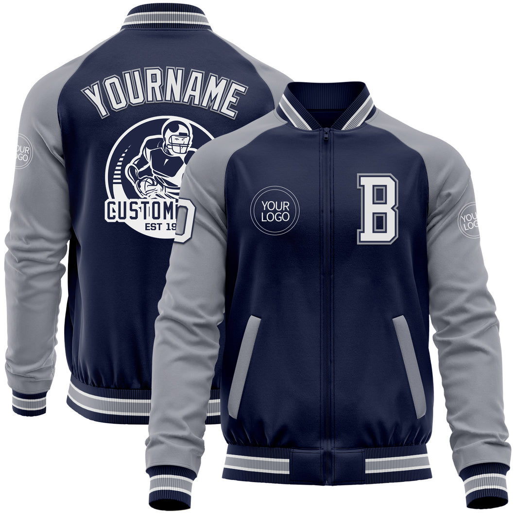 Custom Navy White-Gray Bomber Varsity Letterman Two Tone Zipper Jacket