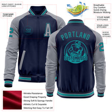 Load image into Gallery viewer, Custom Navy Teal-Gray Bomber Varsity Letterman Two Tone Zipper Jacket
