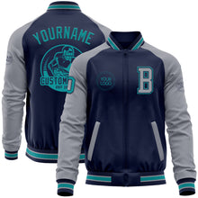 Load image into Gallery viewer, Custom Navy Teal-Gray Bomber Varsity Letterman Two Tone Zipper Jacket
