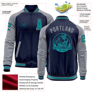 Custom Navy Gray-Teal Bomber Varsity Letterman Two Tone Zipper Jacket