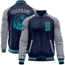 Load image into Gallery viewer, Custom Navy Gray-Teal Bomber Varsity Letterman Two Tone Zipper Jacket
