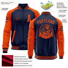 Load image into Gallery viewer, Custom Navy Orange Bomber Varsity Letterman Two Tone Zipper Jacket
