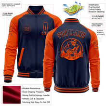 Load image into Gallery viewer, Custom Navy Orange Bomber Varsity Letterman Two Tone Zipper Jacket
