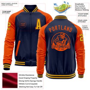 Custom Navy Orange-Gold Bomber Varsity Letterman Two Tone Zipper Jacket