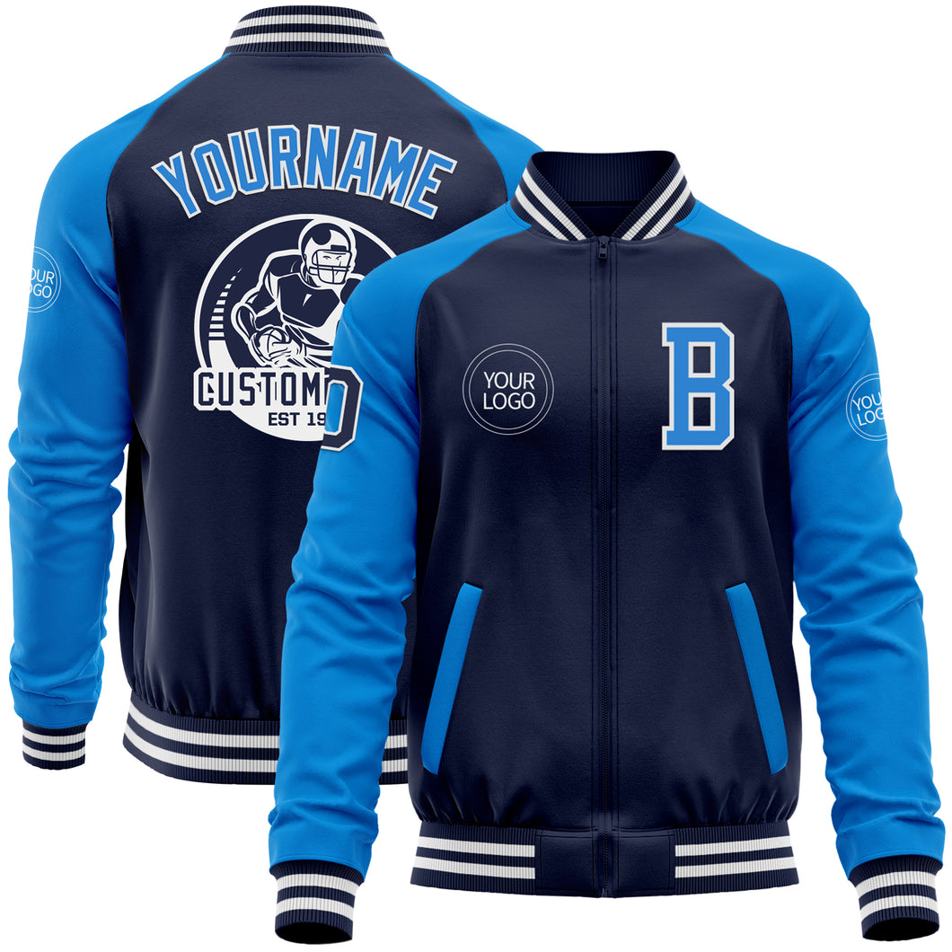 Custom Navy Powder Blue-White Bomber Varsity Letterman Two Tone Zipper Jacket