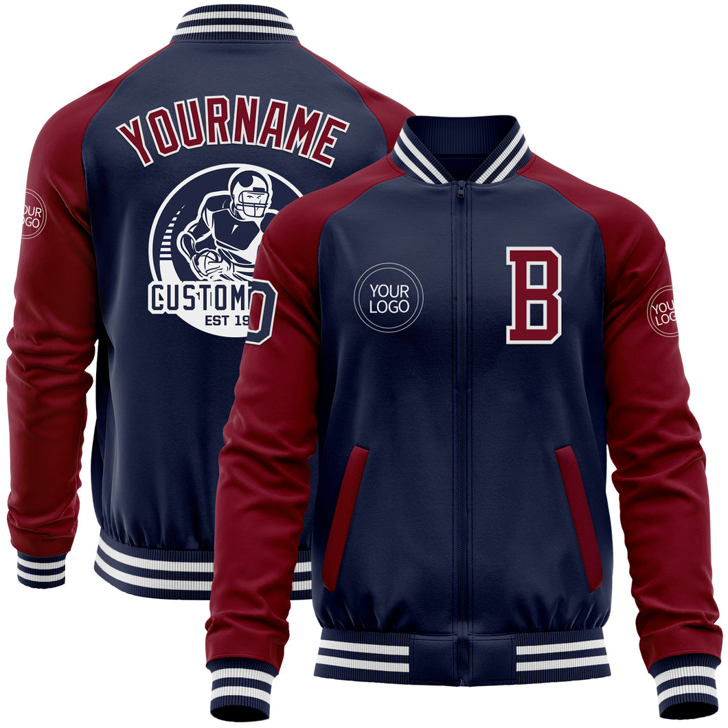 Custom Navy Crimson-White Bomber Varsity Letterman Two Tone Zipper Jacket