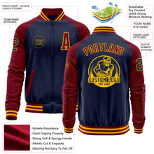 Load image into Gallery viewer, Custom Navy Crimson-Gold Bomber Varsity Letterman Two Tone Zipper Jacket
