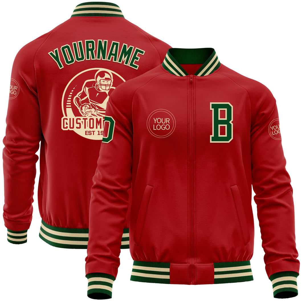 Custom Red Green-Cream Bomber Varsity Letterman Zipper Jacket