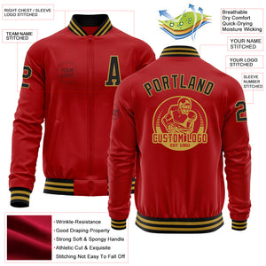 Custom Red Black-Old Gold Bomber Varsity Letterman Zipper Jacket