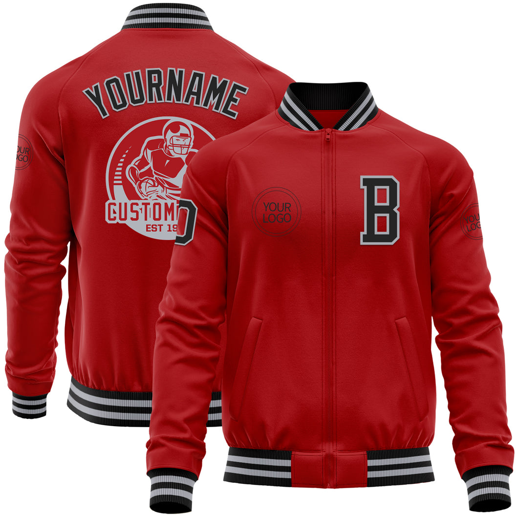 Custom Red Black-Gray Bomber Varsity Letterman Zipper Jacket