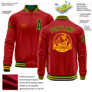 Custom Red Green-Gold Bomber Varsity Letterman Zipper Jacket