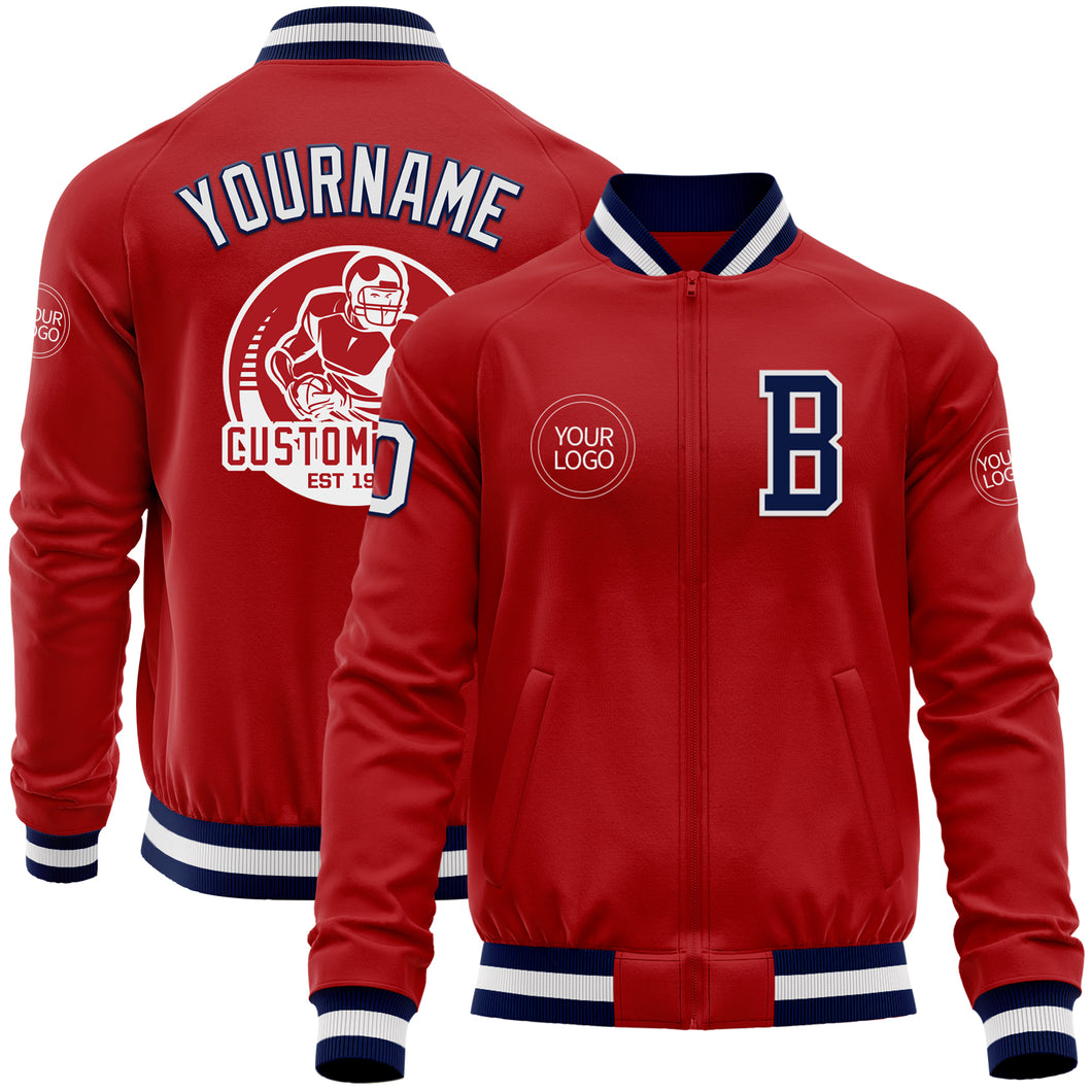 Custom Red White-Navy Bomber Varsity Letterman Zipper Jacket