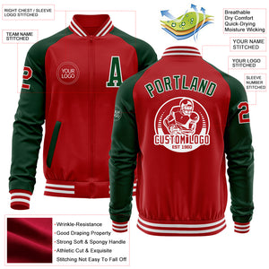 Custom Red Green-White Bomber Varsity Letterman Two Tone Zipper Jacket