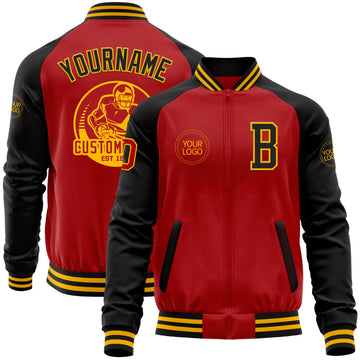 Custom Red Black-Gold Bomber Varsity Letterman Two Tone Zipper Jacket