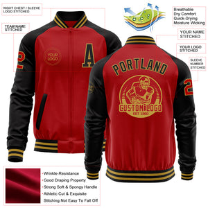 Custom Red Black-Old Gold Bomber Varsity Letterman Two Tone Zipper Jacket