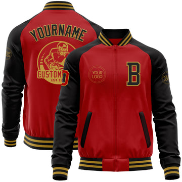 Custom Red Black-Old Gold Bomber Varsity Letterman Two Tone Zipper Jacket