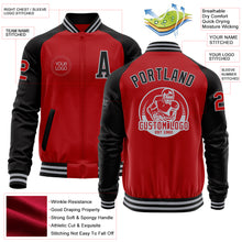 Load image into Gallery viewer, Custom Red Black-Gray Bomber Varsity Letterman Two Tone Zipper Jacket
