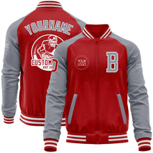 Load image into Gallery viewer, Custom Red Gray-White Bomber Varsity Letterman Two Tone Zipper Jacket
