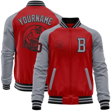 Custom Red Gray-Black Bomber Varsity Letterman Two Tone Zipper Jacket