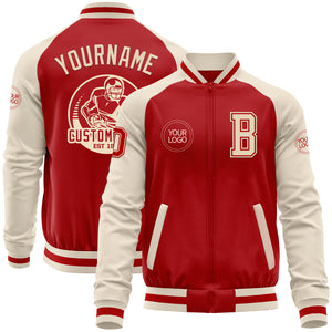 Custom Red Cream Bomber Varsity Letterman Two Tone Zipper Jacket