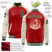 Load image into Gallery viewer, Custom Red Green-Cream Bomber Varsity Letterman Two Tone Zipper Jacket
