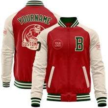 Load image into Gallery viewer, Custom Red Green-Cream Bomber Varsity Letterman Two Tone Zipper Jacket
