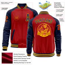 Load image into Gallery viewer, Custom Red Navy-Gold Bomber Varsity Letterman Two Tone Zipper Jacket
