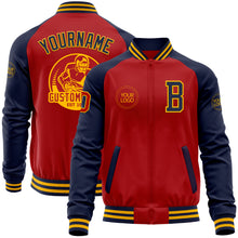 Load image into Gallery viewer, Custom Red Navy-Gold Bomber Varsity Letterman Two Tone Zipper Jacket
