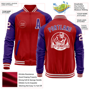 Custom Red Purple-White Bomber Varsity Letterman Two Tone Zipper Jacket