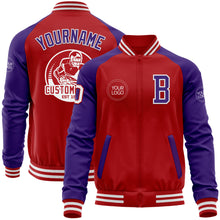 Load image into Gallery viewer, Custom Red Purple-White Bomber Varsity Letterman Two Tone Zipper Jacket
