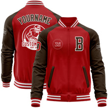 Load image into Gallery viewer, Custom Red Brown-White Bomber Varsity Letterman Two Tone Zipper Jacket
