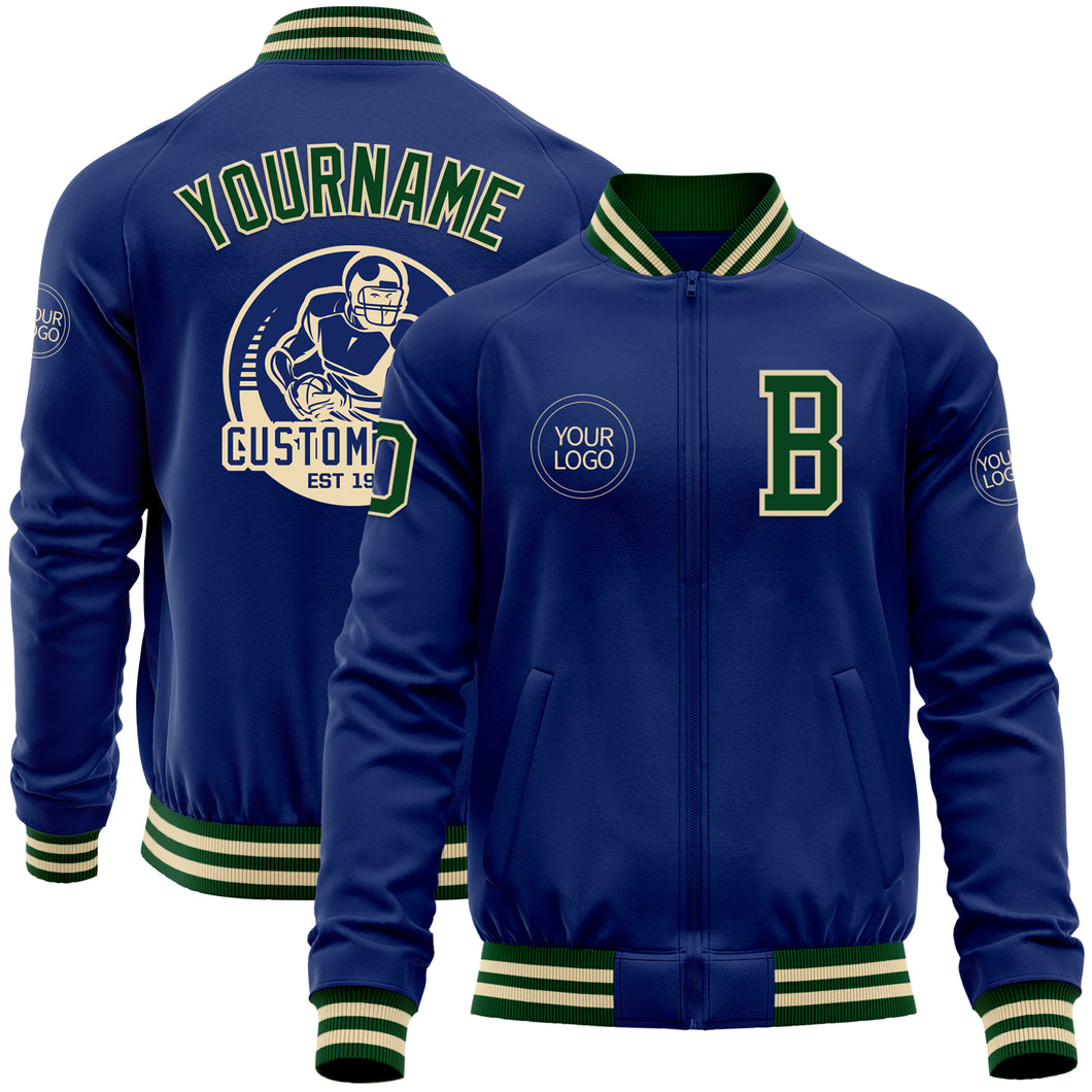 Custom Royal Green-Cream Bomber Varsity Letterman Zipper Jacket