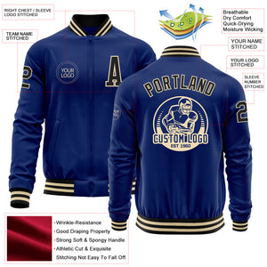 Custom Royal Black-Cream Bomber Varsity Letterman Zipper Jacket