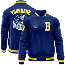 Load image into Gallery viewer, Custom Royal White-Yellow Bomber Varsity Letterman Zipper Jacket
