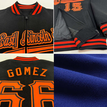 Custom Royal Orange Bomber Varsity Letterman Zipper Jacket