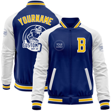 Custom Royal Yellow-White Bomber Varsity Letterman Two Tone Zipper Jacket