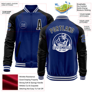 Custom Royal Black-White Bomber Varsity Letterman Two Tone Zipper Jacket