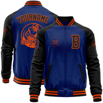 Custom Royal Black-Orange Bomber Varsity Letterman Two Tone Zipper Jacket