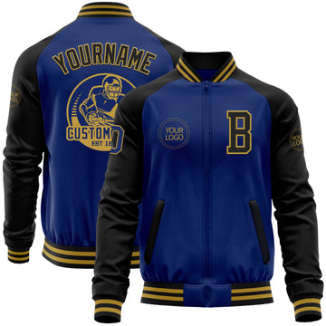 Custom Royal Black-Old Gold Bomber Varsity Letterman Two Tone Zipper Jacket